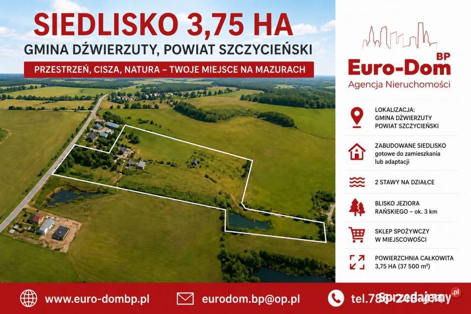 Gospodarstwo na Mazurach 375 ha 37500m2 Dźwierzuty