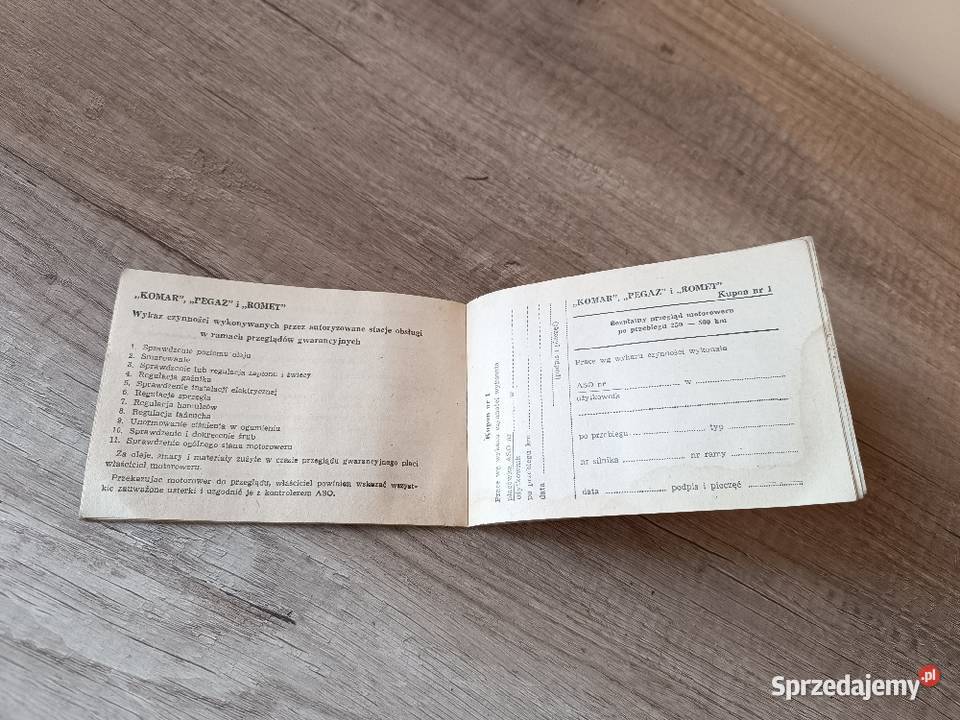Książka gwarancyjna na motorower Komar 2331 podkarpackie Rzeszów sprzedam
