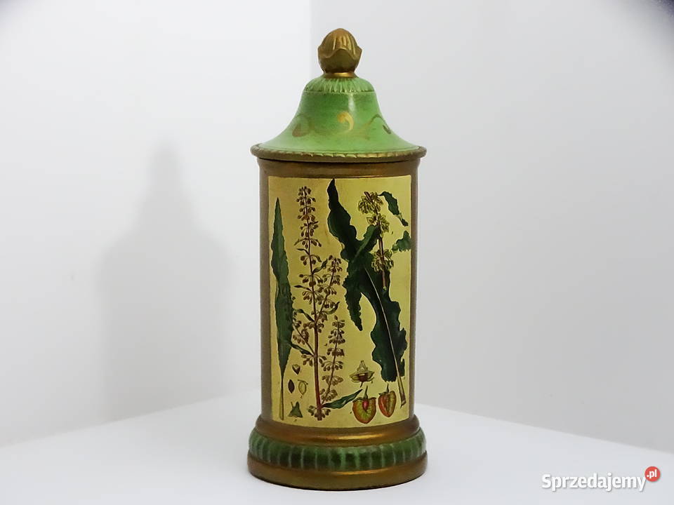Zabytkowy pojemnik aptekarski z ilustracją Biłgoraj