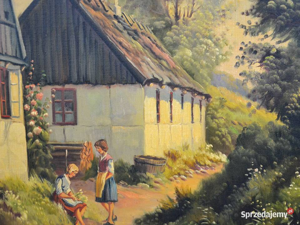 Wiejska scena olej na płótnie Kjeld Krautwald Malarstwo Bronisze sprzedam