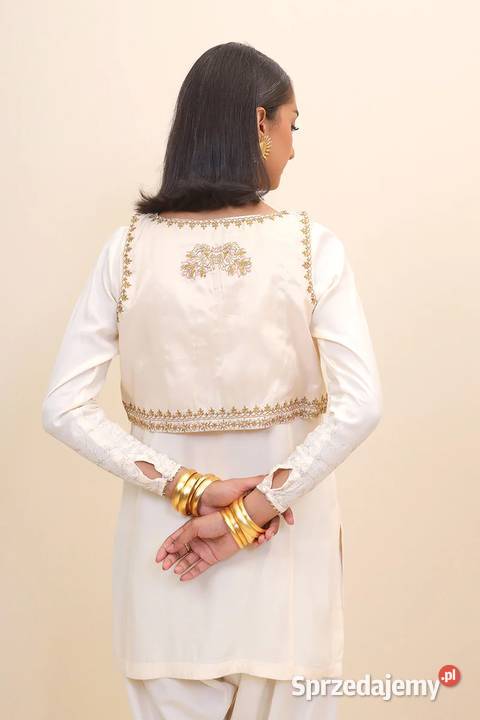 Biała kermowa kamizelka XL 44 złoty haft boho Rozmiar 42(XL) Pozostałe
