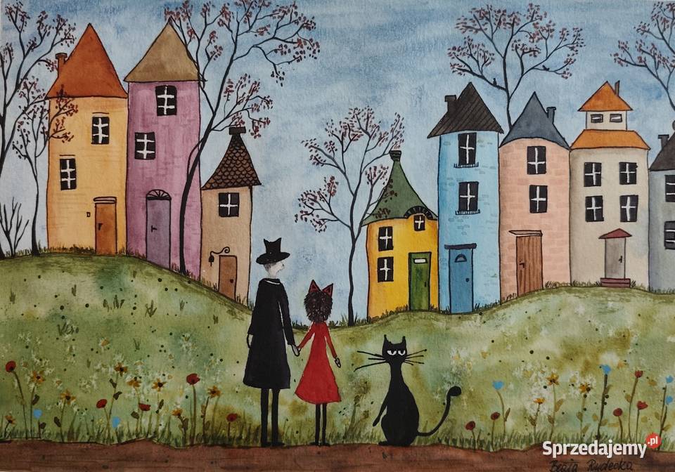 Akwarela Akwarelka Obraz pt Koci Świat Warszawa