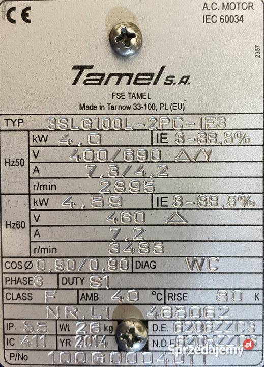 silnik elektryczny 4kW 2895obr 3fazowy Tamel IE3 kujawsko-pomorskie Pigża