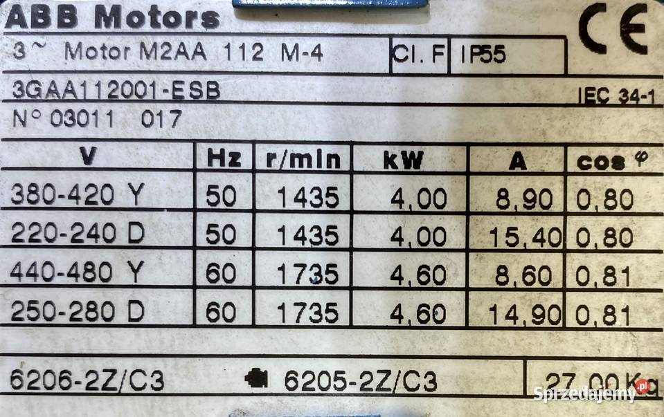 silnik elektryczny 4kW 1435obr 3fazowy ABB Silniki Pigża sprzedam