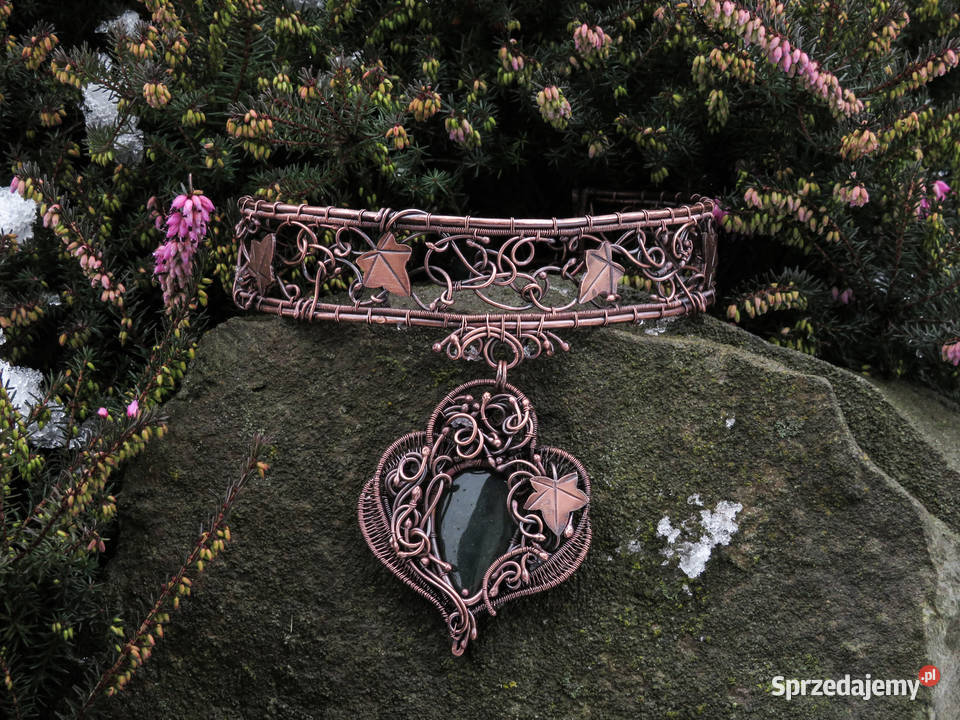 Unikatowa miedziana obroża bluszcz awenturyn Kraków