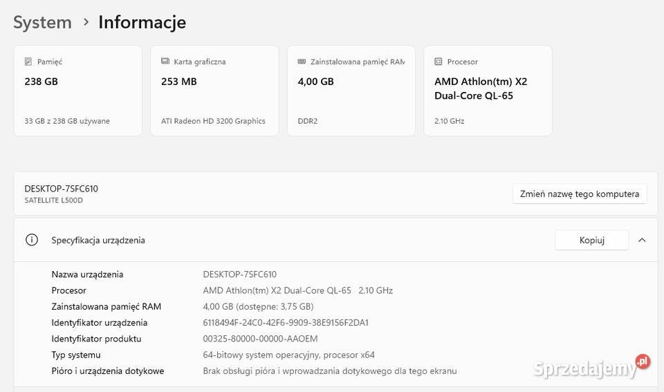 Laptop Toshiba Satellite L500D149 SSD 4GB RAM Łódź sprzedam
