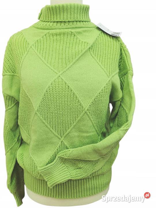 Sweter damski gruby w romby zielony oversize kolorowy Wieluń