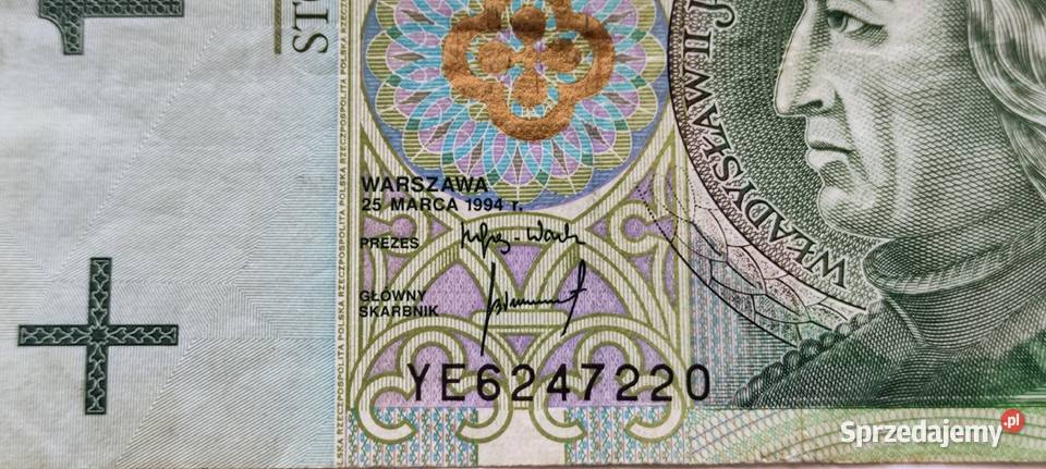 Banknot 100 1994 seria YE Zastępcza seria 10 mazowieckie Pruszków