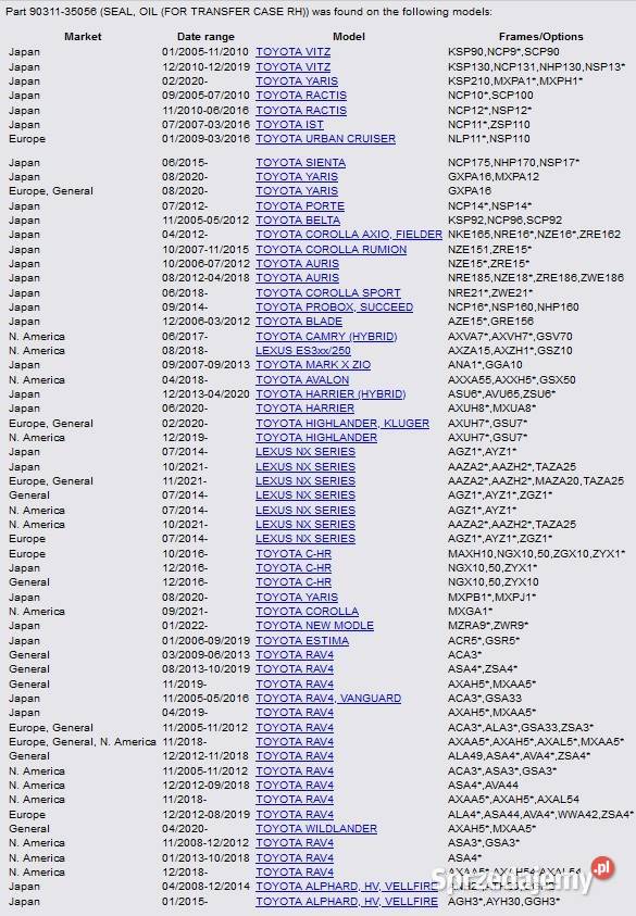 OE TOYOTA uszczelniacz półosi RH 9031135056 mazowieckie Warszawa