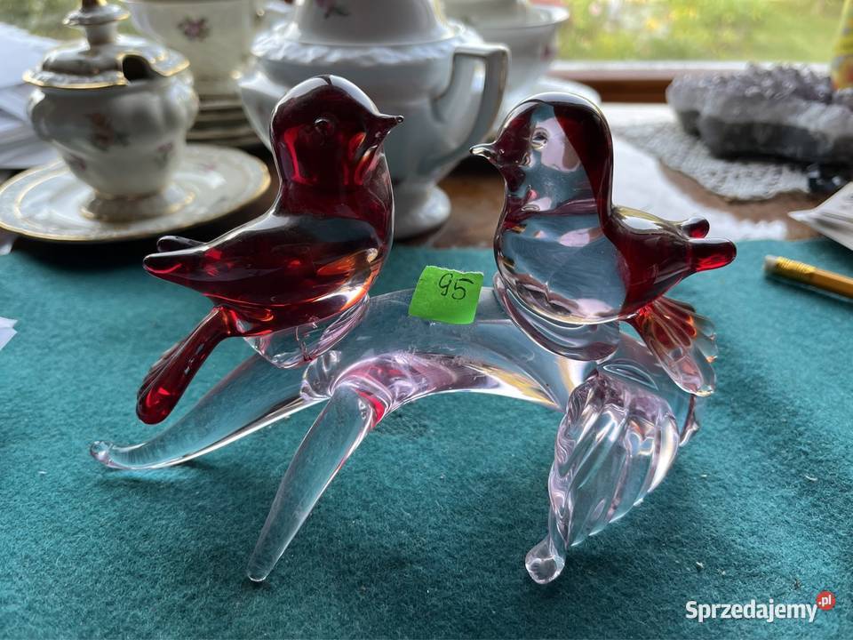 Szklana figurka 2 Ptaszki na gałęzi Z czerwono Gdańsk