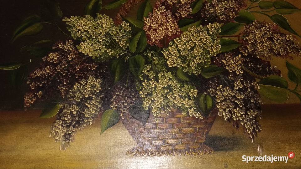 Piękny i stary obraz olejny koniec XIX w Bzy opolskie Opole
