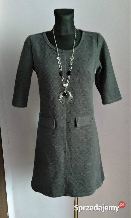 Ciepła szara jesienna sukienka M rękawy 34 Kate szary/srebrny