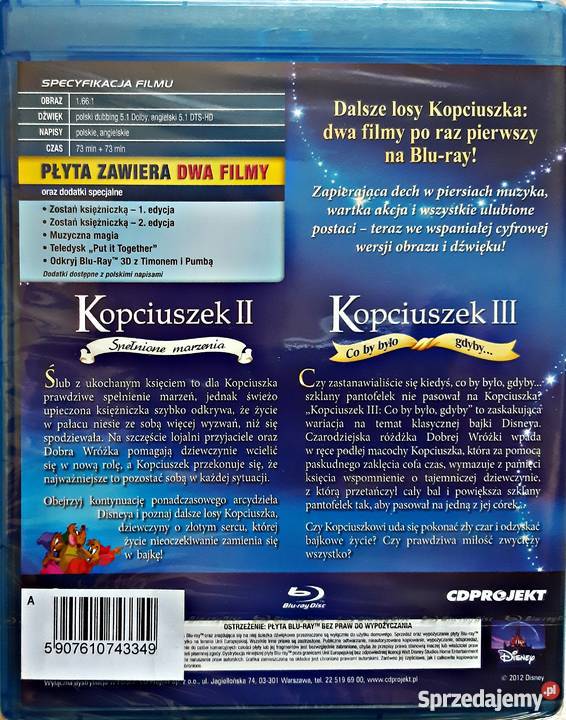 KOPCIUSZEK DISNEY TRYLOGIA 2 BLURAY dubbing Kalisz sprzedam