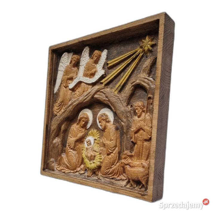 Ręcznie malowana płaskorzeźba Szopka Malechowo