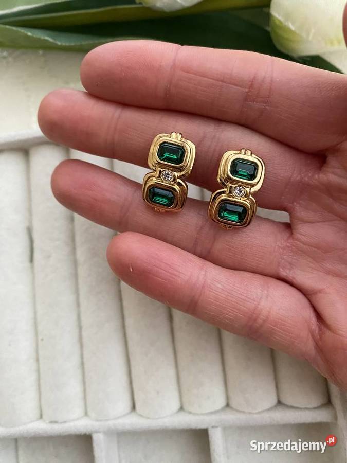 klipsy vintage imitacja szmaragdu złote Łódź sprzedam