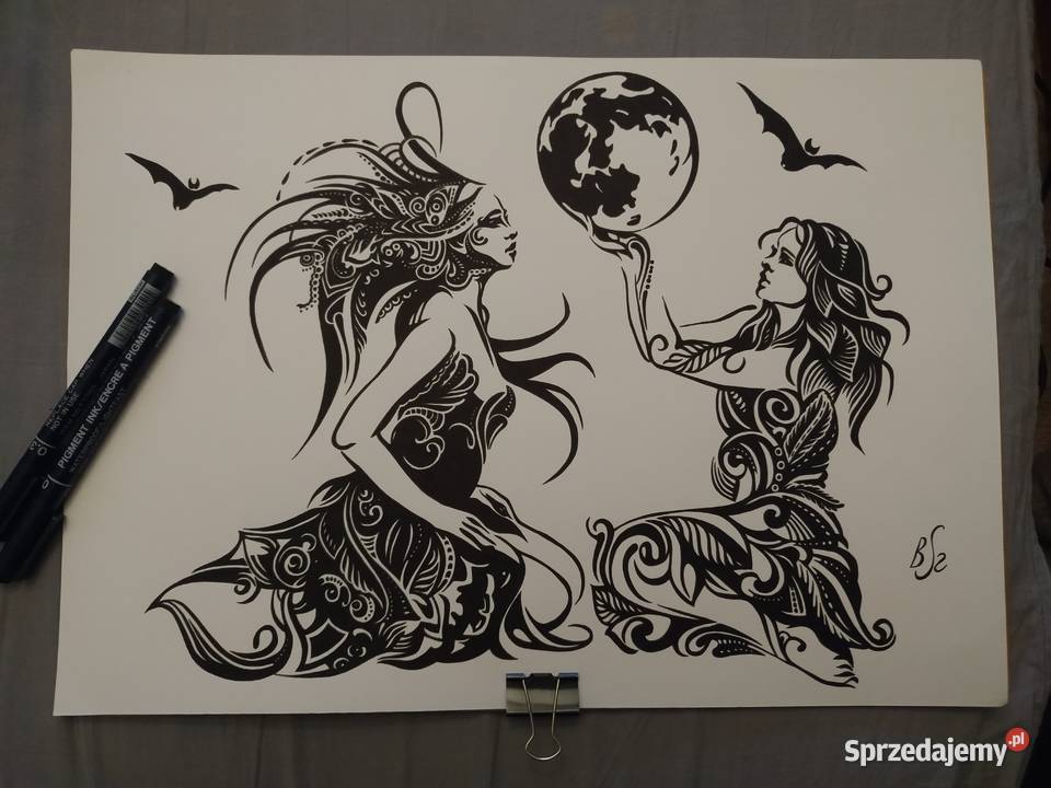 Rysunek z księżycem cienkopis blok t A3 250 gm2 Warszawa