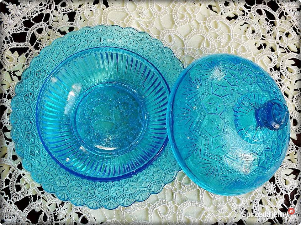 Cukiernica Niebieskie Turkusowe Szkło Ząbkowice Porcelana i szkło Żary