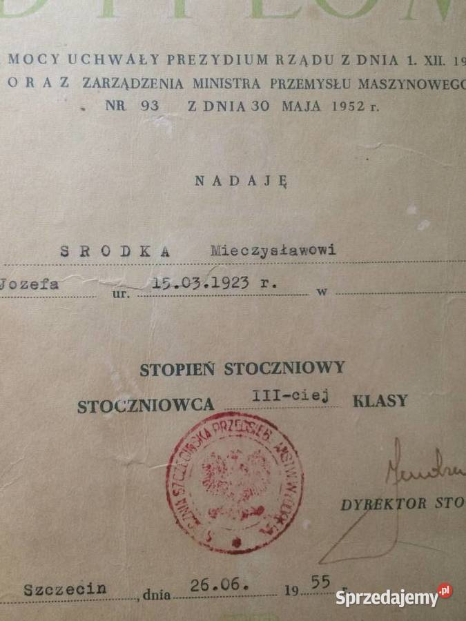 2808 Dyplom Nadania Stopnia Stoczniowca III zachodniopomorskie Szczecin