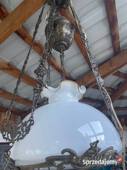 Stara lampa naftowa żyrandol mosiądz porcelana Bystrzyca Kłodzka