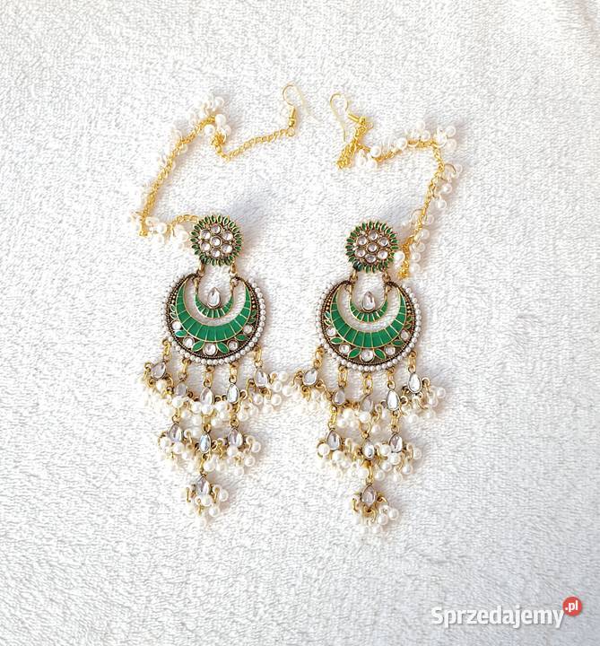 Długie kolczyki zielony złoty kolor indyjskie
