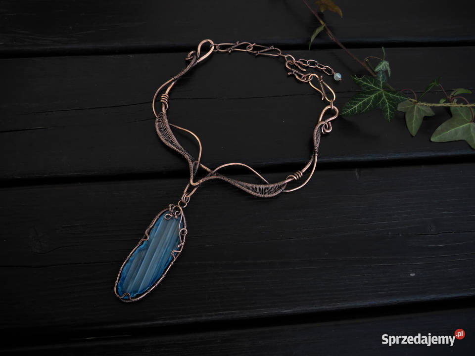 Unikatowa miedziana kolia niebieski agat Kraków