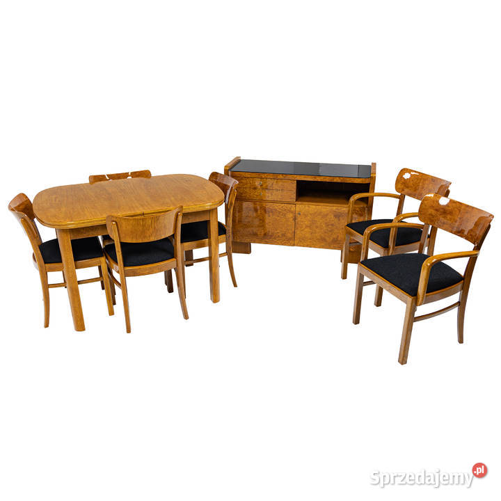 Meble art deco stół krzesła i komoda sygnatura Swarzędz