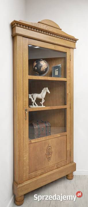 Antyczna narożna witryna z litego dębu renowacji Jerka