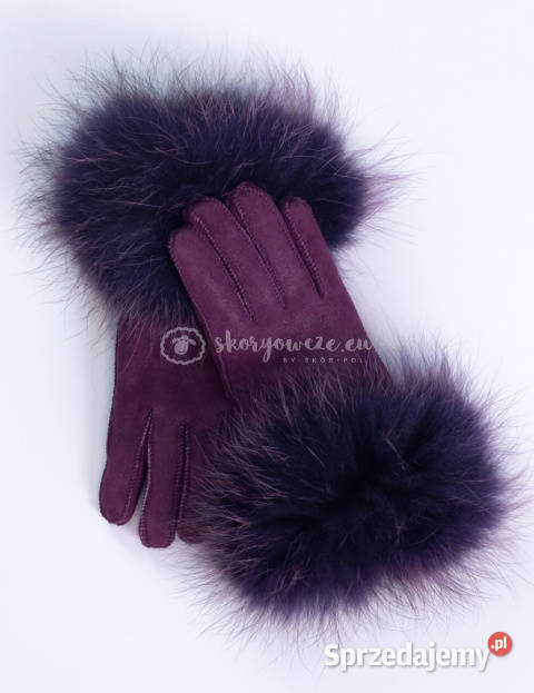 Śliwkowe rękawiczki damskie skórzane z futrzanym