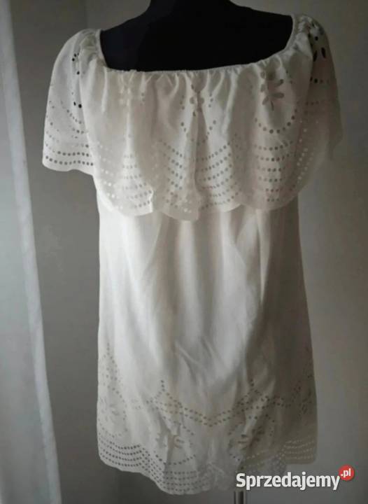 Biała sukienka z baskinką asemetryczna S 36 bez rękawa