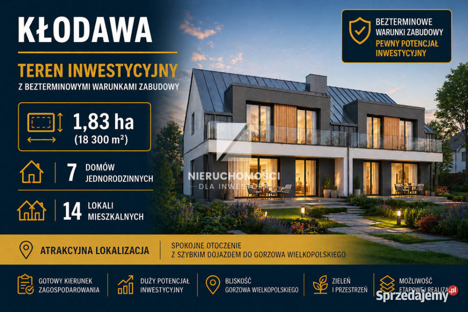 Kłodawa 1830 ha WZ 7 budynków jednorodzinnych Sprzedaż