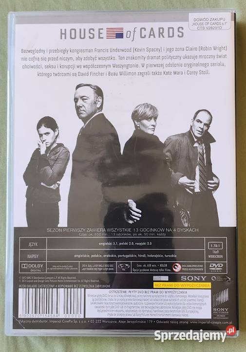 House of cards sezon 1 box 4 płyt dvd mazowieckie Warszawa