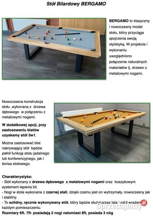 Stół bilardowo loftowy BERGAMO z blatem 214cm Stoły z krzesłami Kielce