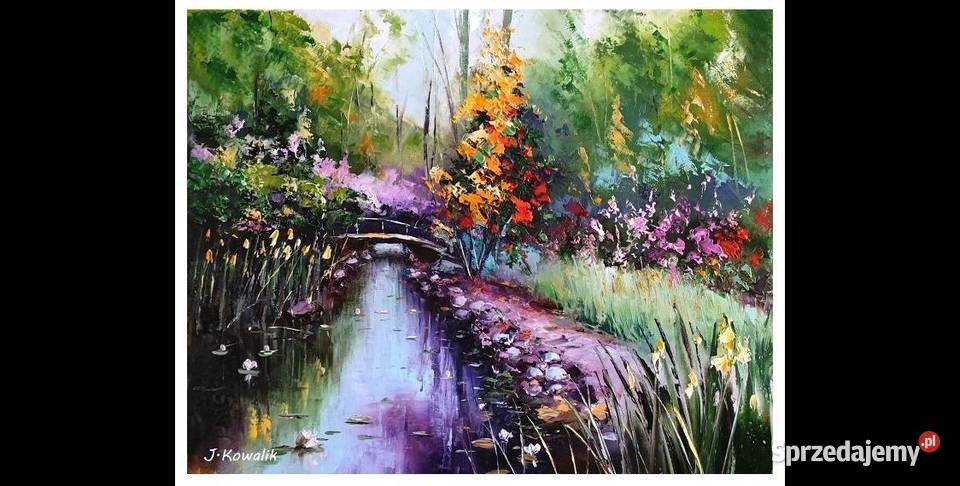 Kowalik Mostek w ogrodzie 50x40 obraz olejny Warszawa