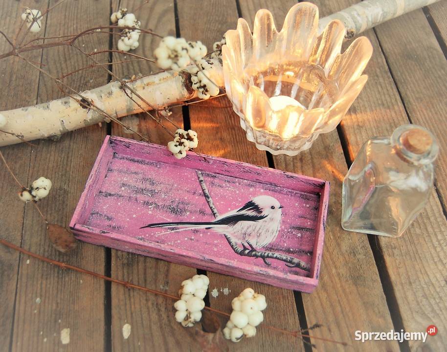 Drewniana tacka malowana ptak raniuszek odcienie różowego lubelskie Lublin sprzedam