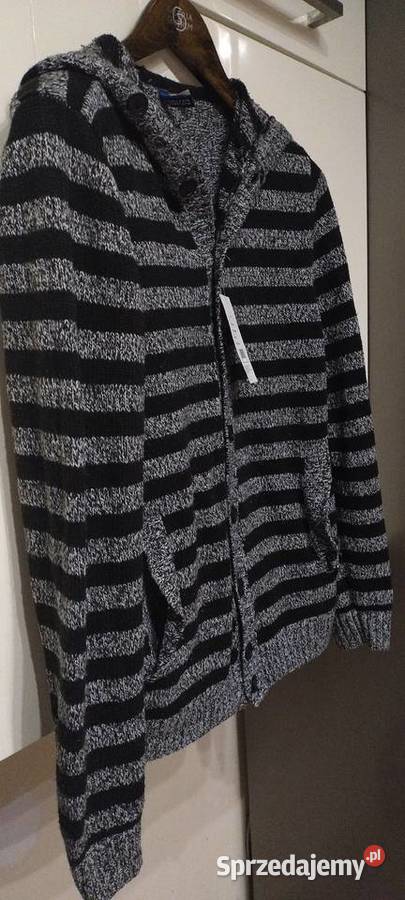 Sweter męski z kapturem w paski szaro czarne H M Lublin