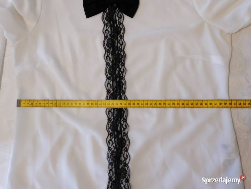 Biała BLUZKA z czarną koronką i kokardą długie Oborniki