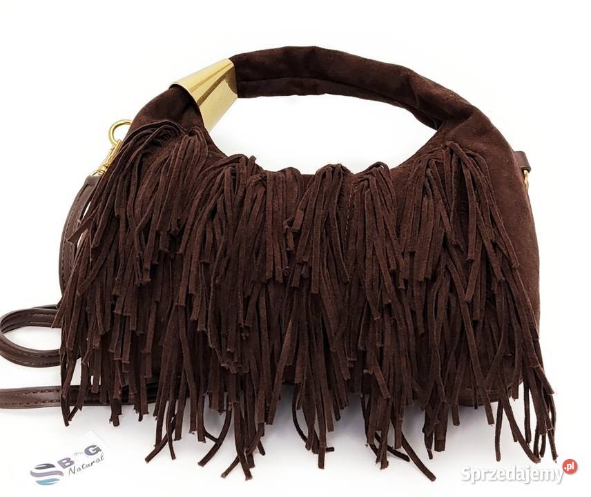 MODNA Torebka EKO ZAMSZ Frędzle BRĄZ Czekoladowy brązowy/beżowy Warszawa