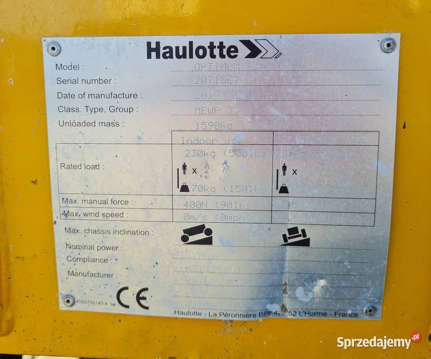 Podnośnik Haulotte Optimum 8AC 2019 udźwig 230 małopolskie Dąbrowa Tarnowska