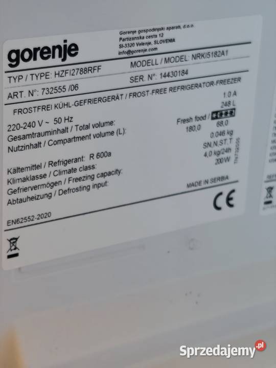 Lodówka do zabudowy Gorenje NRKI5182A1 NoFrost łódzkie Poddębice sprzedam