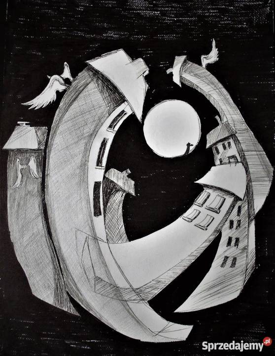 Rysunek piórkiem Miasteczko artystki Adriany Malarstwo Katowice