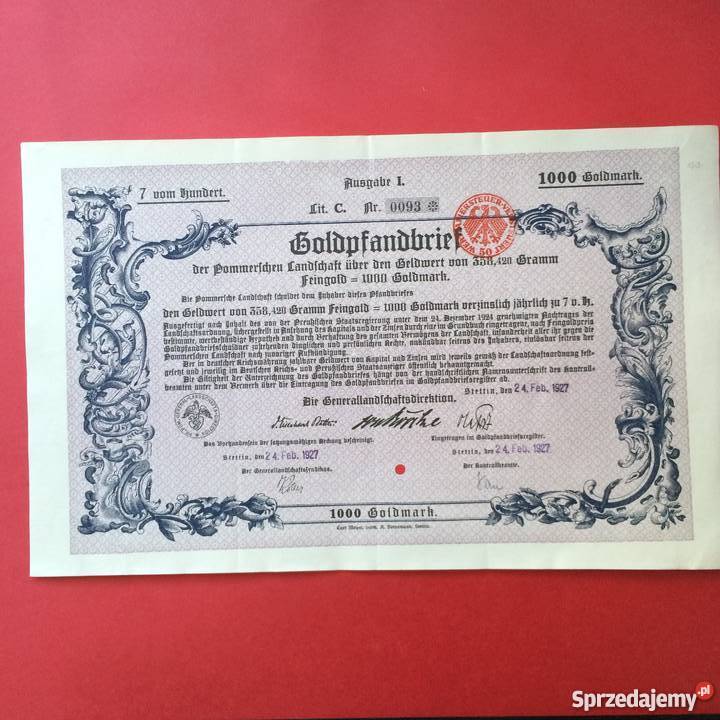 10 Papiery wartościowe 1000 goldmark Antykwariat zachodniopomorskie Szczecin sprzedam