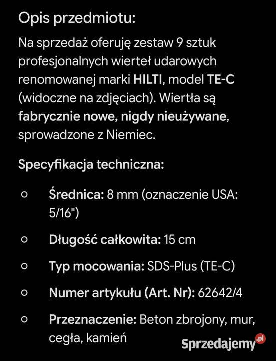 Wiertła marki HILTI 9 Drezdenko