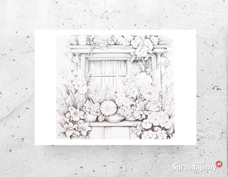 biało szary plakat A4 okna plakat z kwiatami warmińsko-mazurskie