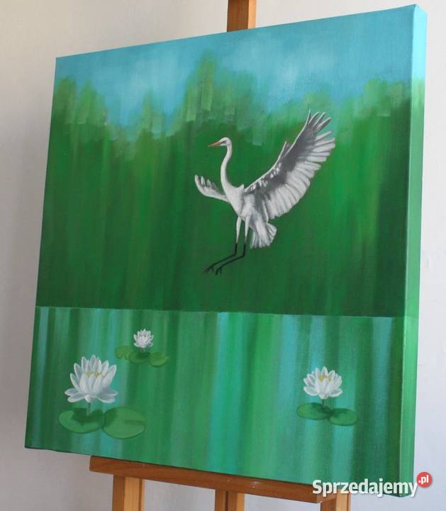 obraz olejny 50 x 50 czapla ptaki kwiaty pejzaż Malbork