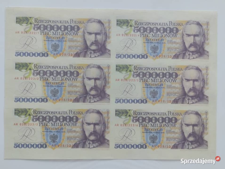 POLSKA arkusz z 6 banknotami 5000000 złotych Kolekcje podlaskie