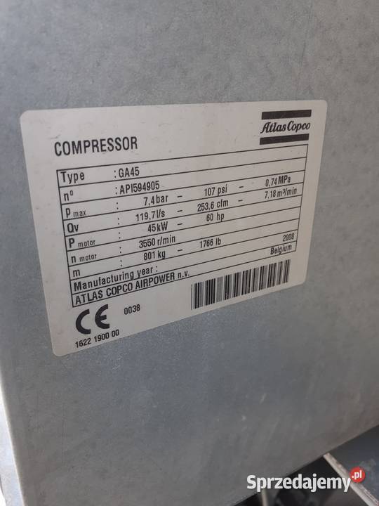 Sprężarka ATLAS COPCO GA45 45 kW S005138 opolskie Wilków sprzedam