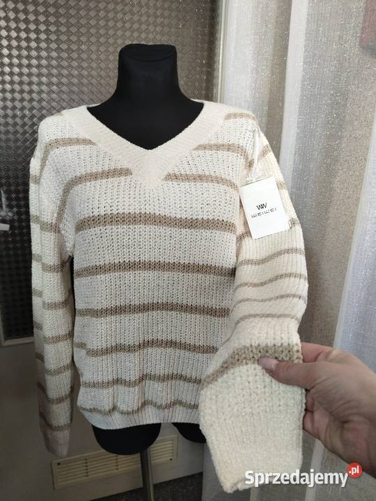 Nowy stylowy sweter ecru w paski Żory