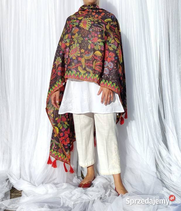 Duży szal pashmina chusta czarny kolorowy wzór Szczecin