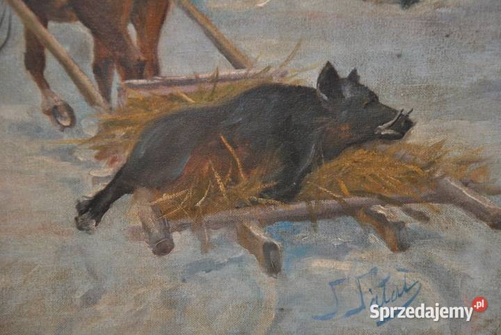 J Fałat Upolowany Dzik Stary Duży Obraz Unikalna Kraków sprzedam