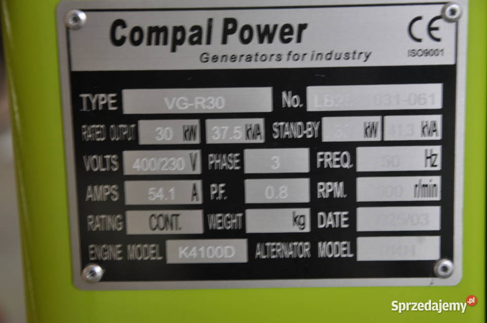 AGREGAT PRADOTWÓRCZY COMPAL POWER 30 KW Agregaty prądotwórcze mazowieckie Radom